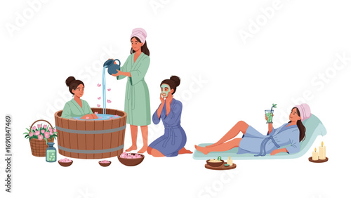 Relaxing spa scene with women enjoying various treatments including bathing in a wooden tub receiving a facial and resting with a salt lamp