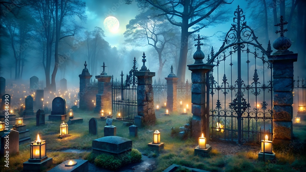 Naklejka premium Eerie Graveyard Scene with Full Moon and Candlelight.