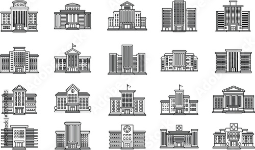 Government institutional buildings vector set including hospitals, schools, universities, offices, banks, and public administration architecture icons in black line illustration style