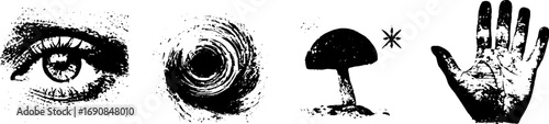 Grunge black and white art collection featuring eye, spiral, mushroom, and hand designs for creative projects