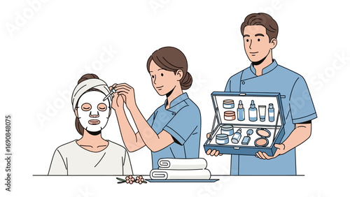 Aesthetician applying a facial mask to a client while a male colleague holds a case of skincare products and supplies