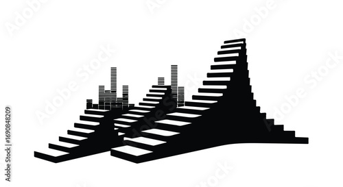 Abstract cityscape with ascending staircases representing growth and progress.