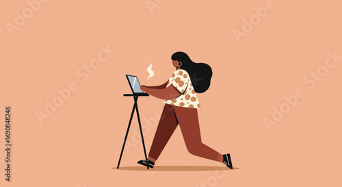 Dynamic woman working remotely on laptop with a hot drink, embodying modern productivity, flexible work, and entrepreneurial spirit. Ideal for business, technology, or lifestyle content.