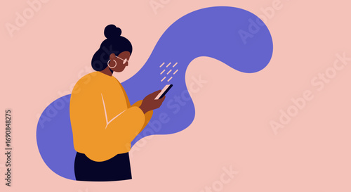 Modern illustration of a woman engaging with her smartphone, symbolizing connectivity, digital communication, and online lifestyle. Perfect for technology, social media, or business concepts.