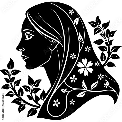 a woman s side profile with floral design vector