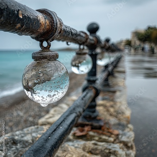 Coastal railing, wet glass orbs