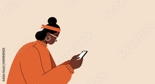 A modern flat illustration of a young woman intently using her smartphone, ideal for depicting online communication, social media, or technology integration in daily life.