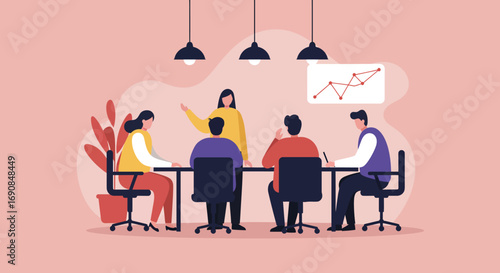 Business team collaborates in a modern office meeting, discussing data and strategy. Ideal for corporate communication, teamwork, and professional development concepts.