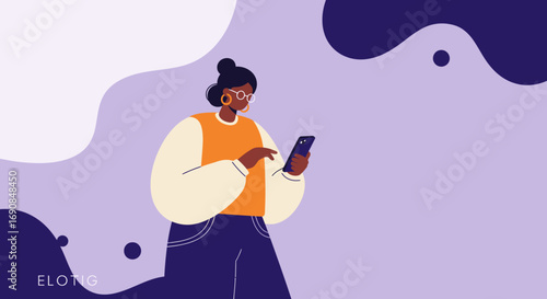 Stylish woman uses her smartphone, engaging with technology on an abstract background. Perfect for themes of digital communication, mobile apps, or online services.
