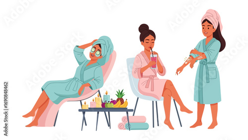 Three diverse young women in bathrobes and towels enjoying a relaxing spa day at home with skincare products and refreshments