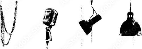 Vintage grunge black and white microphone, chain, pendant light, and spotlight set for urban design