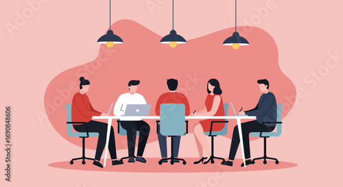 Diverse business team collaborating in a modern office, engaged in a productive meeting or brainstorming session. Represents teamwork, strategy, and corporate innovation.
