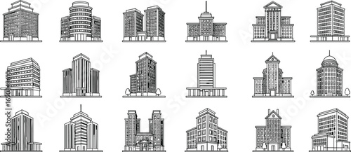 Collection of vector buildings including offices, skyscrapers, apartments, institutions, and commercial architecture in black outline illustration style for cityscape and urban design