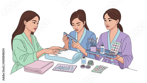 Three young women in colorful robes are engaged in a beauty or spa treatment session focusing on skincare and self care rituals