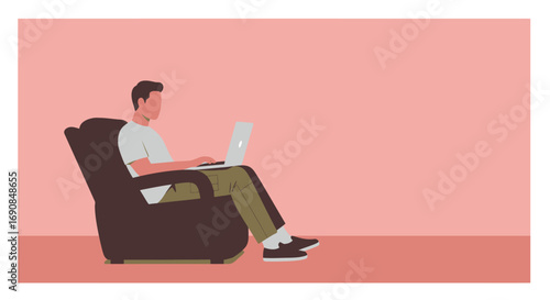 Young man working remotely on a laptop in a cozy armchair at home. Ideal for business, education, or modern lifestyle themes.