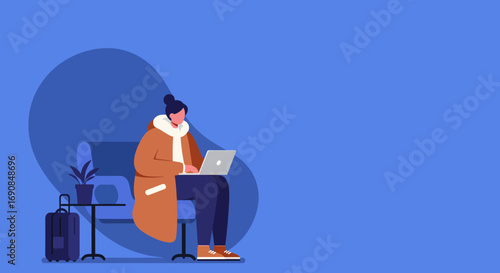 A person works on a laptop in a modern waiting area with luggage, illustrating remote work, business travel, or digital nomad lifestyle.