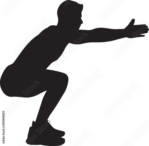 Athletic male silhouette performing a deep squat exercise focused on strength and fitness