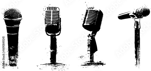 Grunge black and white microphone illustration set for retro music and design projects