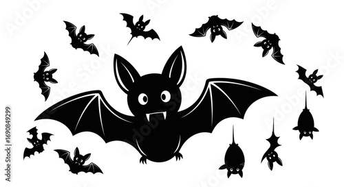 Cute Bats Silhouettes on White Background Vector Illustration Halloween Design