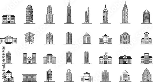 Vector collection of skyscrapers, apartments, offices, and institutional buildings in black outline style for cityscape architecture, real estate, and urban planning