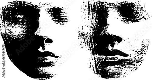 Grunge black and white mirror face illustration set for urban art design