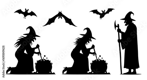 Halloween Witches brewing potion silhouettes spooky bats seasonal theme