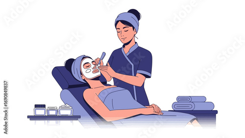 Skilled aesthetician applying a soothing facial mask to a relaxed client lying down in a comfortable spa treatment chair