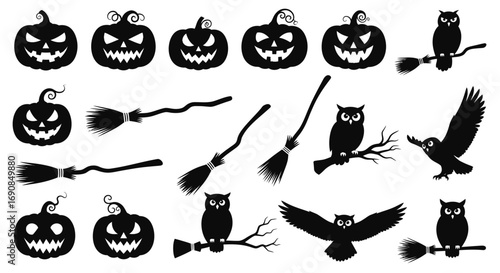 Halloween Icons in Black - Pumpkins Owls and Brooms Vector Illustration