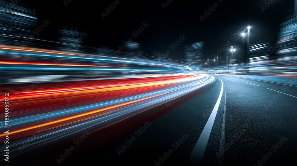 Fototapeta premium Streaks of light paint urban road with speed during night travel, revealing energy.