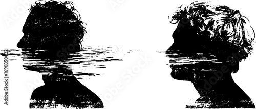 Grunge black and white double exposure silhouette set for creative design