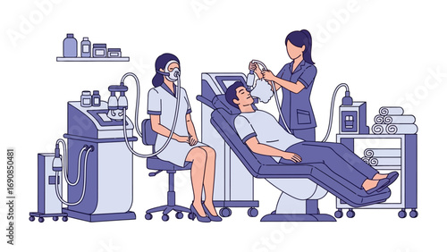 Two female medical professionals in a clinic setting attending to a female patient lying in a reclining chair during a cosmetic procedure