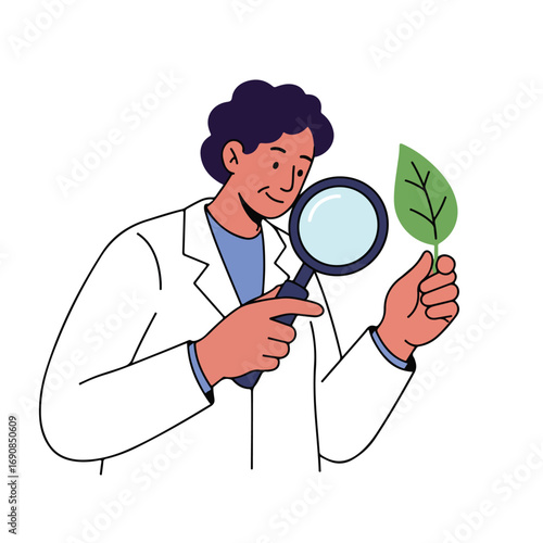A person in a white lab coat examines a leaf with a magnifying glass