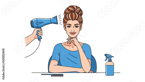 Woman with extremely tall voluminous hair being styled with a blue hairdryer and hairspray bottle nearby illustrating a beauty salon or home hair care routine