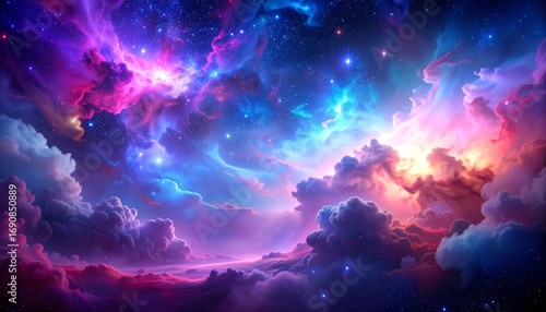 Cosmic nebula clouds with glowing purple blue and pink dreamy fantasy space abstract background
