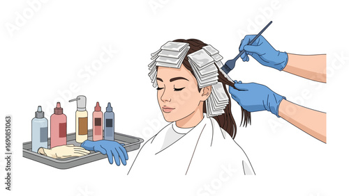 Close up of a woman receiving hair highlights with foil and dye application by a stylist in a salon setting