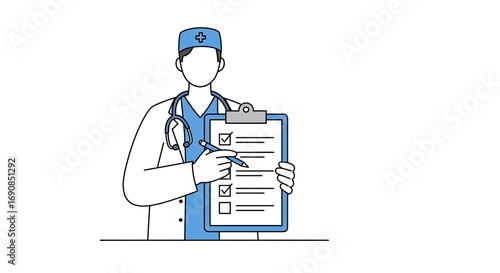 Healthcare Professional Reviewing Checklist on Clipboard White Background Medical Doctor Line Art Illustration Healthcare Worker Doctor Checklist