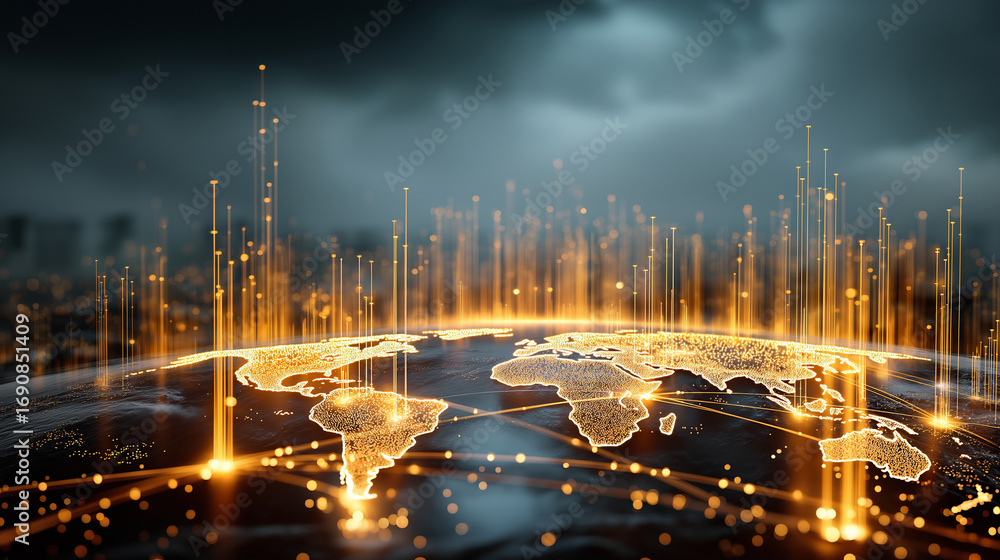 Obraz premium A vast holographic wall of big data streaming in luminous cascades transformation arrows connecting across continents atmosphere of scale speed and powerful digital transition