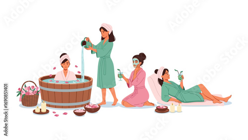 Women enjoying a relaxing spa day with facial masks bathing in a wooden tub and receiving beauty treatments in a serene environment
