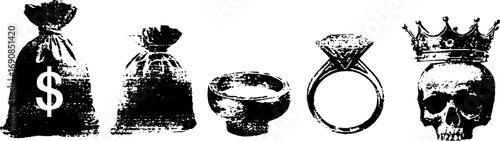 Grunge black and white money and wealth icons for urban design