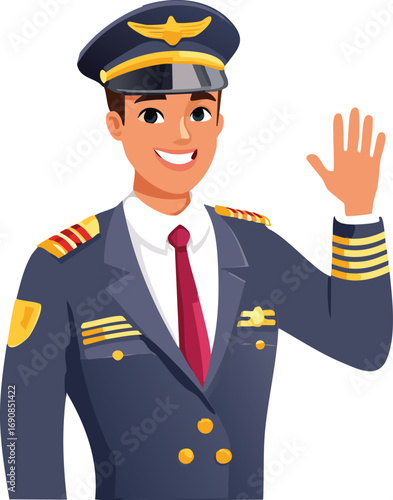 A smiling male pilot in uniform waves with a welcoming hand gesture.