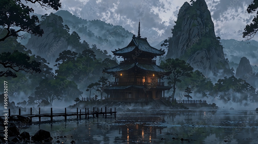 Obraz premium Ancient Pagoda on a Misty Lake, Digital Painting