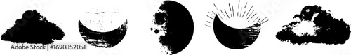Grunge black and white moon phases set for urban design and decor