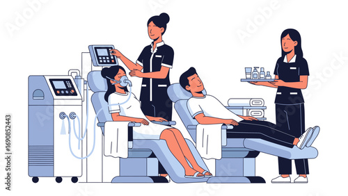 Modern dental clinic scene with dentists and patients in chairs receiving treatment and consultation with advanced equipment