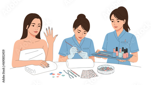 Skilled manicurist carefully applying nail polish to a client s fingernails with a tray of colorful polish bottles nearby