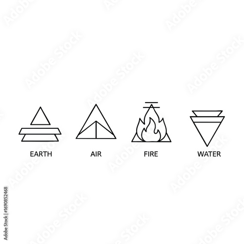 A set of four classical element symbols Earth Air Fire and Water depicted in a minimalist line art style.