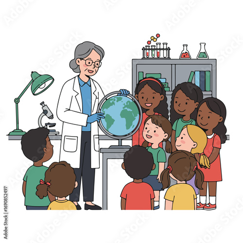A scientist points at a globe as children watch a lab is visible in the background