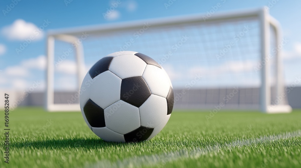 Obraz premium Close-Up of a Black and White Soccer Ball on Lush Green Grass with a Goalpost in the Background against a Clear Blue Sky