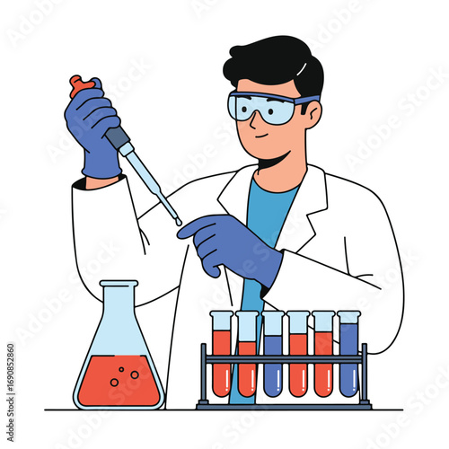 A scientist wearing gloves and goggles uses a pipette with beakers and test tubes on a table