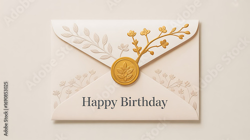 Elegant birthday envelope with floral design and gold seal  