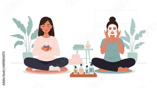 Two young women practicing self care and relaxation with face masks and skincare products in a serene home environment